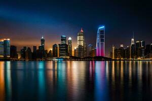 de stad horizon Bij nacht met lichten reflecterend in de water. ai-gegenereerd foto