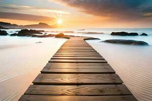 een houten pad Leidt naar de oceaan Bij zonsondergang. ai-gegenereerd foto