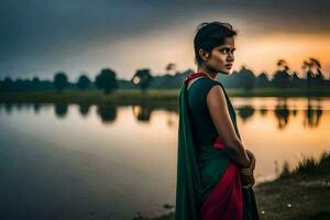 een mooi vrouw in een sari staand door de water. ai-gegenereerd foto