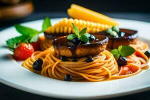 een bord van spaghetti met vlees en groenten. ai-gegenereerd foto