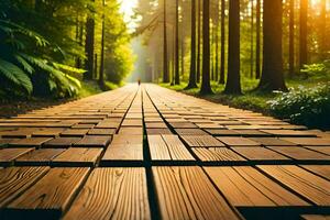 een houten pad in de bossen met bomen in de achtergrond. ai-gegenereerd foto