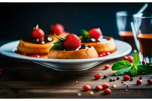 een bord van desserts met aardbeien en bessen. ai-gegenereerd foto