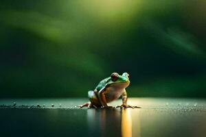 een kikker zittend Aan de grond in voorkant van een groen achtergrond. ai-gegenereerd foto