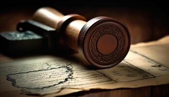 oudheden en houten zegel in wettelijk document gegenereerd door ai foto