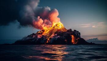 brandend berg top uitbarsting met vlam en rook Bij schemer gegenereerd door ai foto