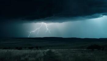 elektriciteit knettert door de onheilspellend storm wolk in de nacht lucht gegenereerd door ai foto