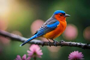 een kleurrijk vogel zit Aan een Afdeling met roze bloemen. ai-gegenereerd foto