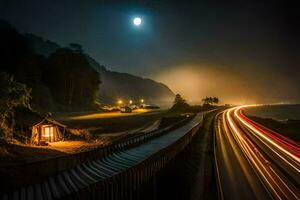 een lang blootstelling foto van een weg Bij nacht met een maan in de achtergrond. ai-gegenereerd