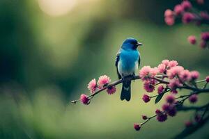 een blauw vogel is neergestreken Aan een Afdeling van een roze bloem. ai-gegenereerd foto
