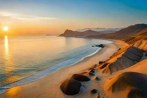 de zon sets over- een strand en zand duinen. ai-gegenereerd foto