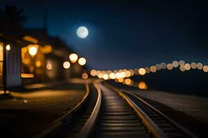 een trein bijhouden Bij nacht met lichten Aan de spoor. ai-gegenereerd foto
