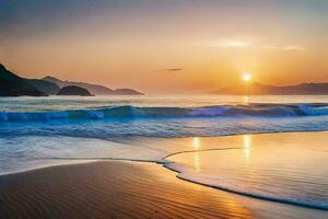 zonsondergang Aan de strand, golven, bergen, water, hd behang. ai-gegenereerd foto