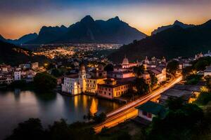 foto behang de lucht, bergen, meer, stad, rivier, zonsondergang, de stad, de. ai-gegenereerd