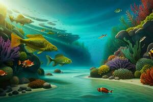 een onderwater- tafereel met vis en koralen. ai-gegenereerd foto
