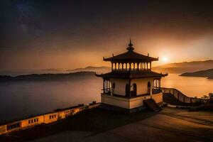 de zon stijgt over- een pagode in de bergen. ai-gegenereerd foto