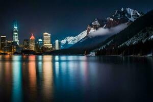 de stad lichten van banff zijn weerspiegeld in de water. ai-gegenereerd foto