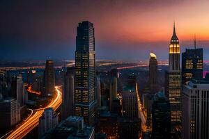 de stad horizon Bij zonsondergang in nieuw york. ai-gegenereerd foto