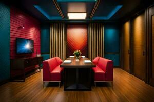 een kamer met een houten tafel en rood stoelen. ai-gegenereerd foto