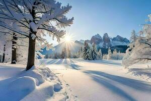 sneeuw gedekt bomen en bergen in de zon. ai-gegenereerd foto