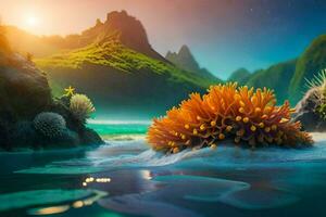een oranje bloem in de water met een berg in de achtergrond. ai-gegenereerd foto