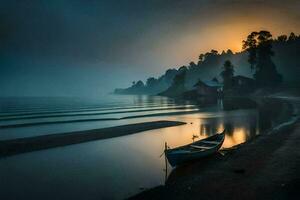 een boot zit Aan de kust van een meer Bij zonsopkomst. ai-gegenereerd foto