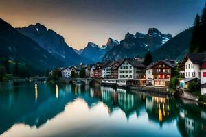 de mooi stad- van hallstatt in de Alpen Bij schemering. ai-gegenereerd foto