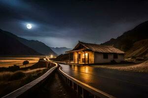 een huis Aan de weg Bij nacht met een vol maan. ai-gegenereerd foto