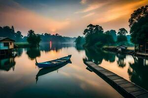 een boot zit Aan de water Bij zonsondergang. ai-gegenereerd foto