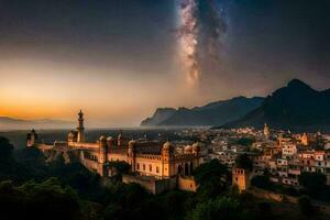 de melkachtig manier over- een stad in de midden- van een berg bereik. ai-gegenereerd foto