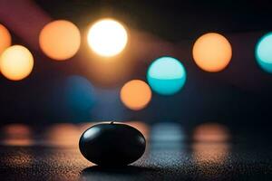een zwart bal zit Aan een tafel in voorkant van een helder licht. ai-gegenereerd foto