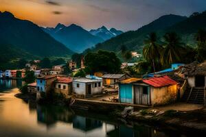 een dorp door de rivier- met huizen en bergen in de achtergrond. ai-gegenereerd foto