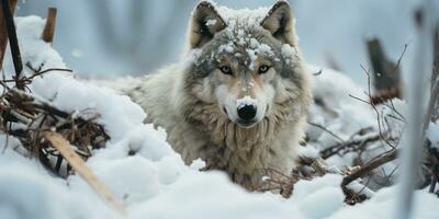 sneeuw wolf wandelen sneeuwstorm, ai generatief foto