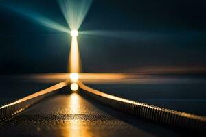 een lang blootstelling fotograaf van een licht straal schijnend Aan een weg. ai-gegenereerd foto