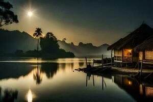 een hut zit Aan de kust van een meer Bij zonsondergang. ai-gegenereerd foto