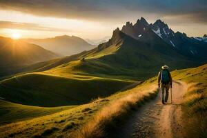 een Mens wandelingen naar beneden een aarde weg in de bergen. ai-gegenereerd foto