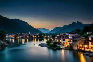 foto behang de lucht, bergen, rivier, dorp, nacht, de stad, de rivier,. ai-gegenereerd