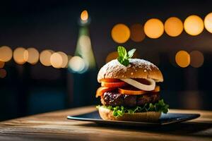 een Hamburger Aan een bord met een fles van bier in de achtergrond. ai-gegenereerd foto