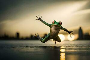 een kikker jumping in de lucht met een stad in de achtergrond. ai-gegenereerd foto