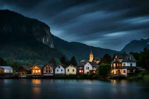 foto behang de lucht, bergen, meer, huizen, dorp, nacht, bergen, meer,. ai-gegenereerd