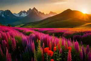 de zon stijgt over- een veld- van bloemen en bergen. ai-gegenereerd foto