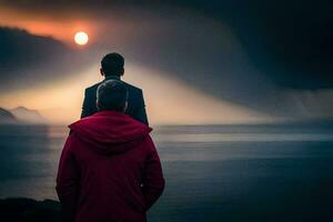 twee mannen staand Aan de kust op zoek Bij de zon. ai-gegenereerd foto