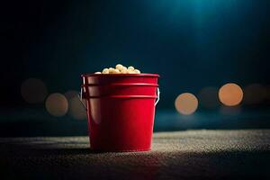 een rood emmer met popcorn Aan de vloer. ai-gegenereerd foto