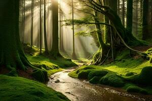 een stroom loopt door een groen Woud met zon stralen schijnend door de bomen. ai-gegenereerd foto