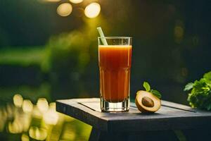 een glas van oranje sap Aan een houten tafel. ai-gegenereerd foto