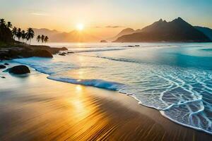 de zon stijgt over- de oceaan en bergen in Brazilië. ai-gegenereerd foto