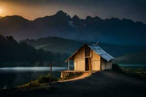 de hut door de meer. ai-gegenereerd foto