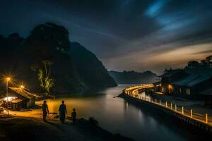 mensen wandelen langs de rivier- Bij nacht. ai-gegenereerd foto