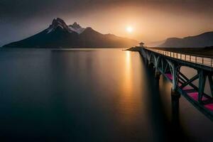 de zon stijgt over- een brug in de midden- van een meer. ai-gegenereerd foto