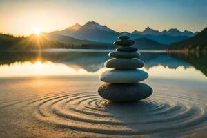een stack van stenen is zittend Aan de zand Bij zonsondergang. ai-gegenereerd foto