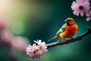 een kleurrijk vogel zit Aan een Afdeling met roze bloemen. ai-gegenereerd foto